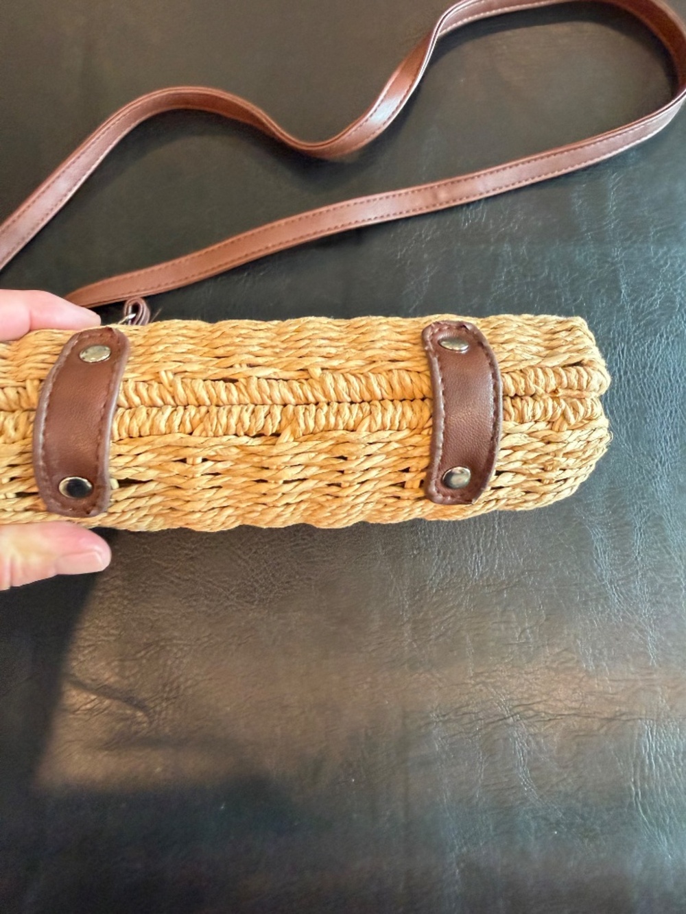 White House Black Market Tan Wicker Clutch Purse with Leather Brown Strap - Picture 4 of 5